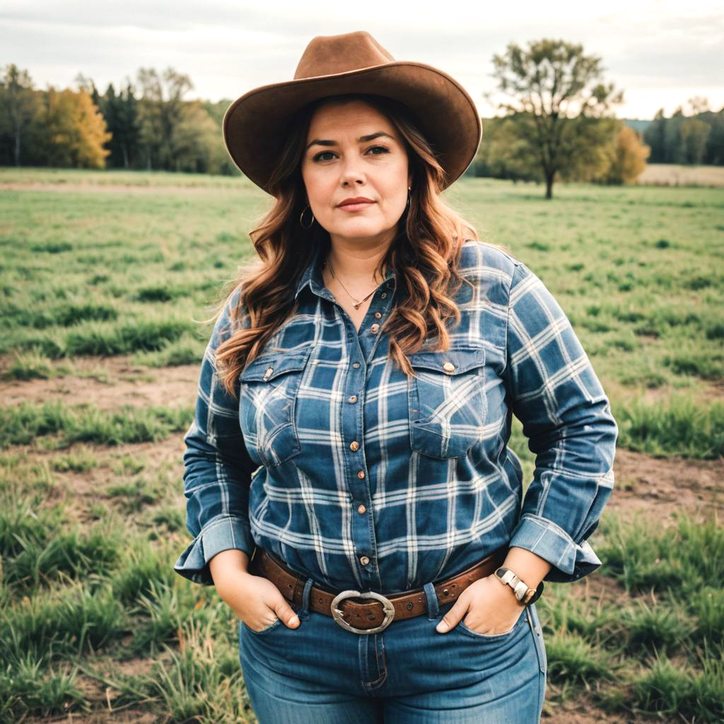 Confident woman in plaid shirt in serene landscape