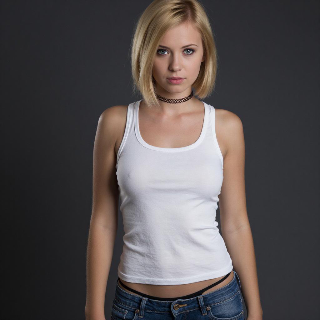 Blonde Woman Wearing White Tank Top and Black Choker Against Dark Background