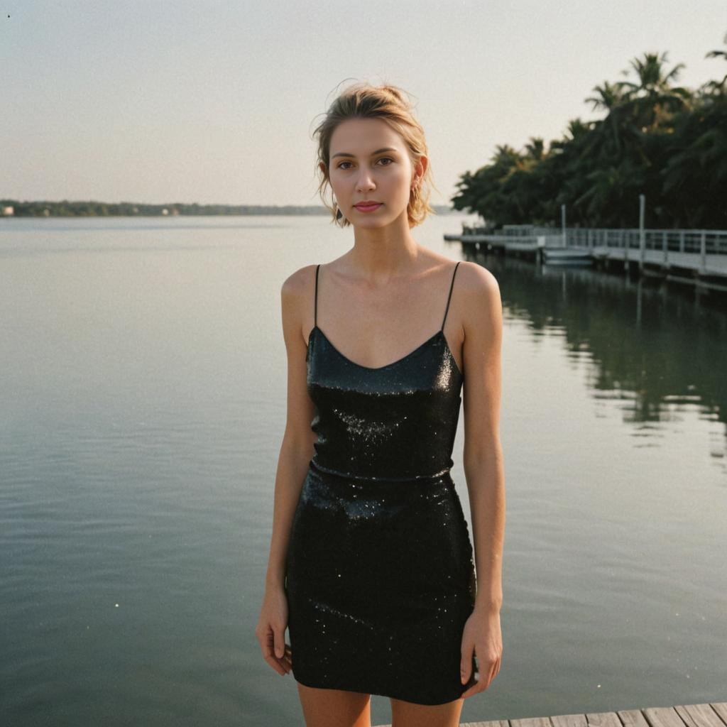 Elegant Woman in Sparkly Dress on Dock at Sunset