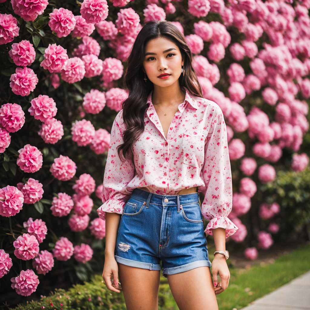 Young woman in floral blouse among pink flowers