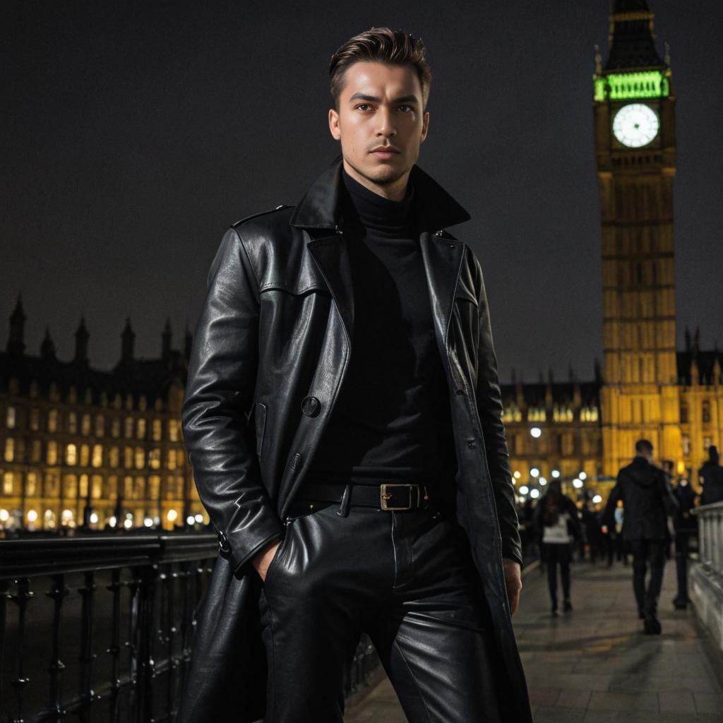 Stylish Man in Leather Outfit at Night by Clock Tower