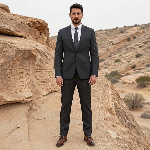 Man in Dark Gray Suit Standing by Ancient Rock Carvings in Desert Landscape