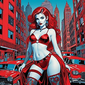 Red-Haired Woman in Red Outfit with Classic Cars in Urban Comic Art