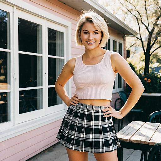 Confident Woman in Crop Top and Plaid Skirt Outdoors