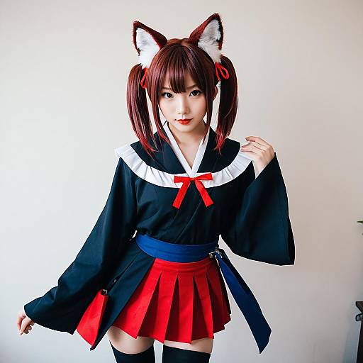 Akagi Azur Lane Cosplay with Fox Ears and Navy Kimono Outfit