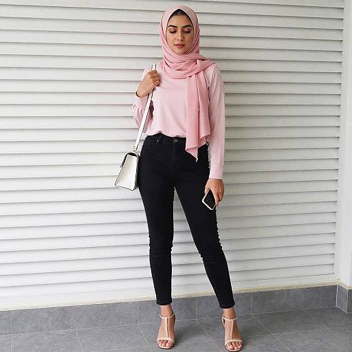 Stylish Woman in Pink Hijab and Black Jeans Standing By White Wall