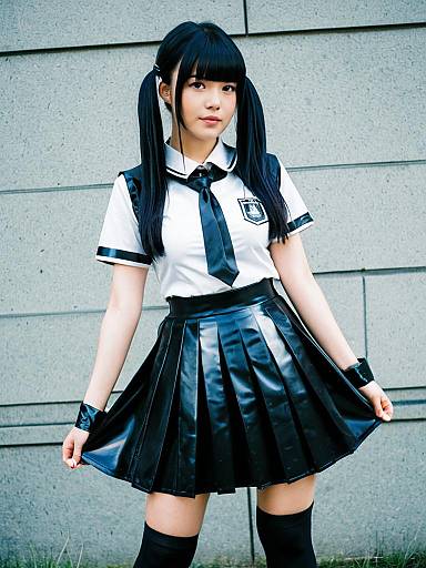 Woman in Latex Schoolgirl Costume Full Body Cosplay Photo with Pleated Skirt