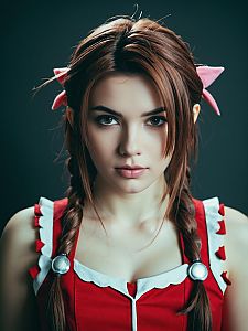 Woman in Aerith Cosplay Costume Professional Studio Headshot
