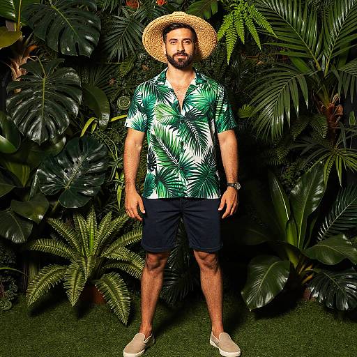 Man in Tropical Palm Leaf Shirt and Straw Hat Outdoors