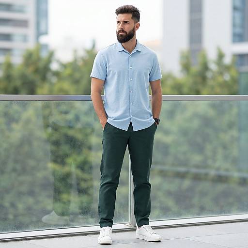 Casual Bearded Man Wearing Light Blue Shirt and Dark Green Pants on Balcony