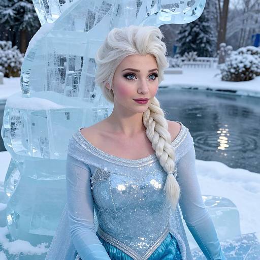 Woman Cosplaying Elsa from Frozen by Ice Sculpture in Winter Setting