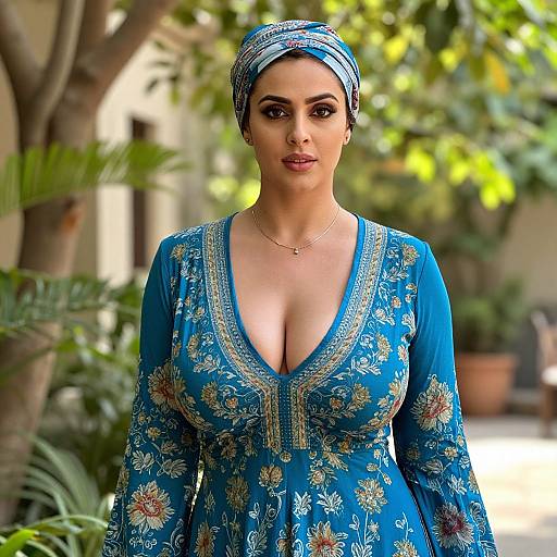 Elegant Woman in Blue Floral Dress with Headscarf Outdoors