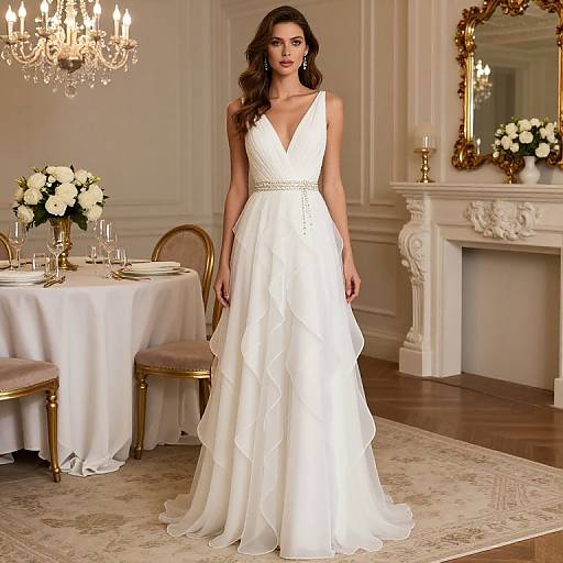 Elegant White Bridal Gown with Layered Ruffles in Luxurious Dining Room