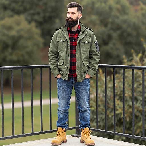 Trendy Bearded Man in Green Military Jacket and Plaid Shirt Outdoors