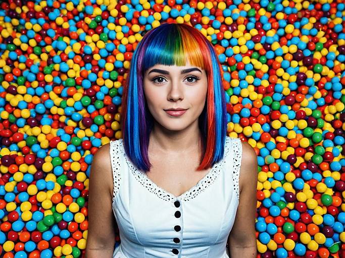 Woman with Rainbow Hair Standing Against Colorful Skittles-Like Background