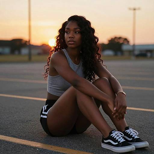 Young Woman Sitting in Parking Lot at Sunset Wearing Sporty Outfit