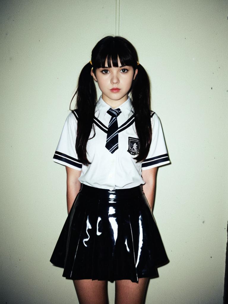 Young Woman in Latex Schoolgirl Uniform with Pigtails