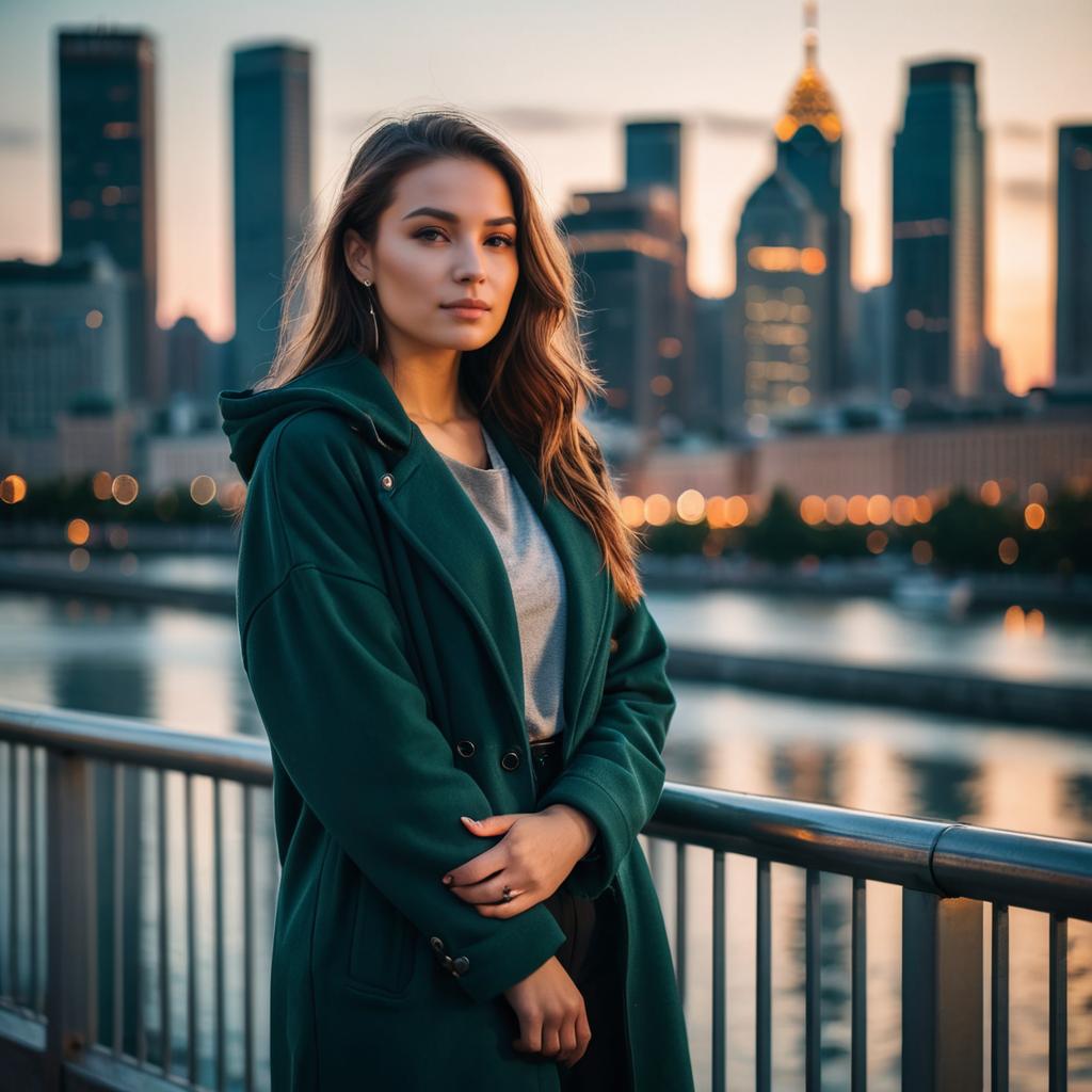 Young Woman in Green Coat by Riverside with City Skyline at Sunset