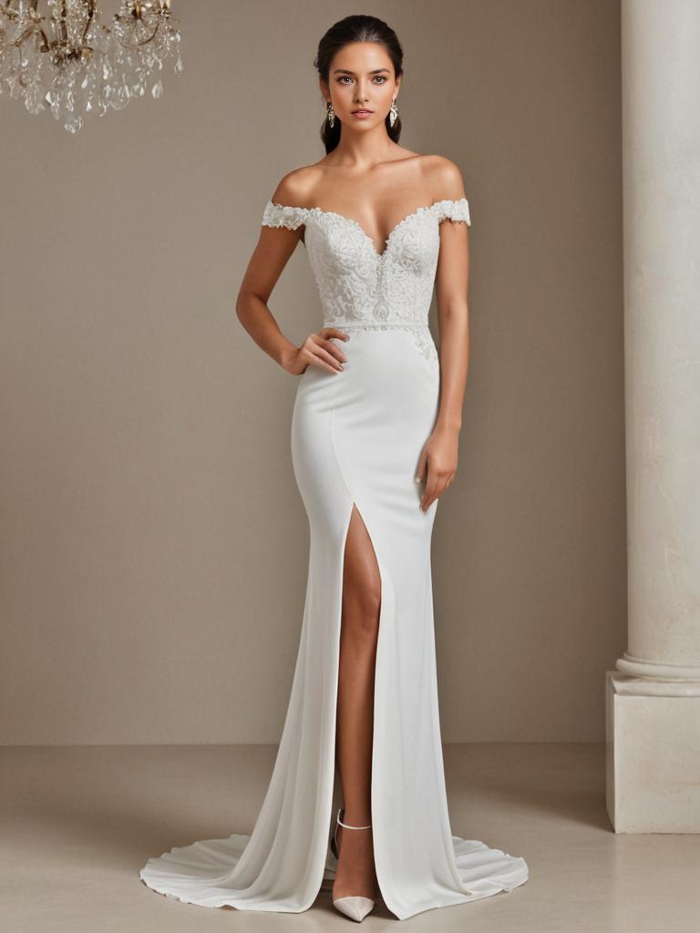 Elegant Off-Shoulder White Wedding Dress with High Slit