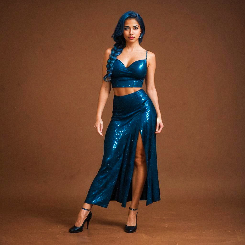 Confident Woman in Shimmering Dark Blue Two-Piece Outfit