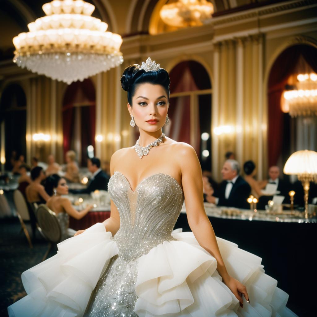 Elegant Woman in Wedding Gown at Luxurious Ballroom