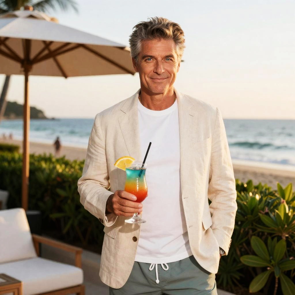 Middle-Aged Man Enjoying Tropical Cocktail by the Beach at Sunset