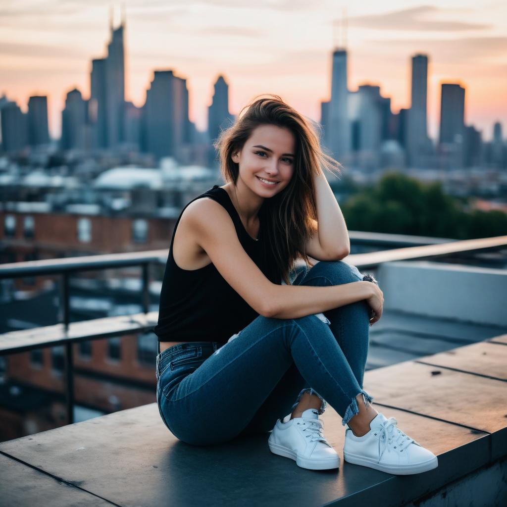 Young Woman Sitting on Rooftop at Sunset with City Skyline Background