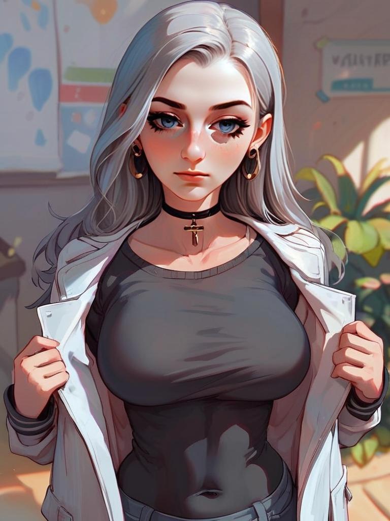 Confident Young Woman with Silver Hair in Anime Style