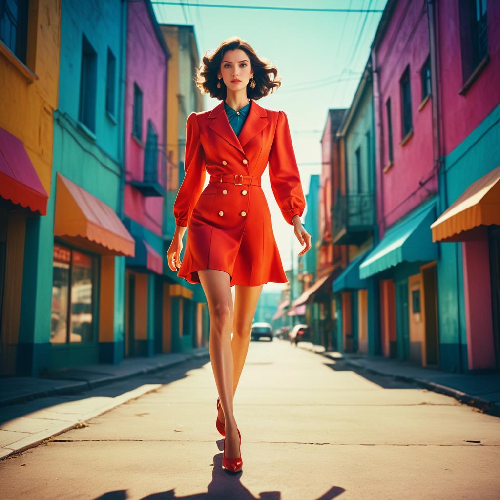 Confident Woman in Red Dress on Colorful Street Confident Woman in Red Dress on Colorful Street