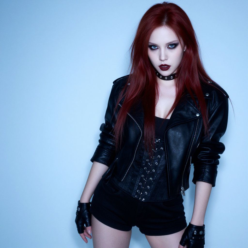 Gothic Woman with Red Hair in Black Leather Jacket and Corset