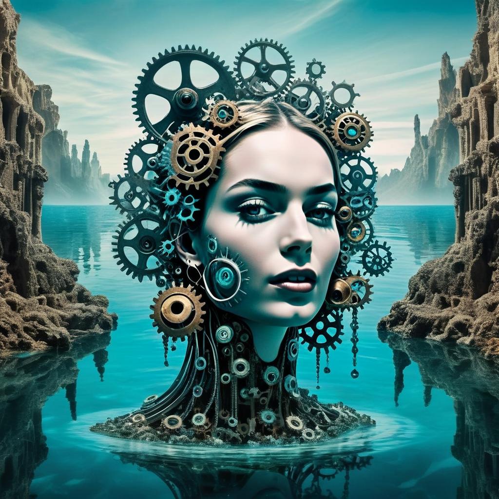 Surreal Woman's Head with Mechanical Gears in Water Surreal Woman's Head with Mechanical Gears in Water