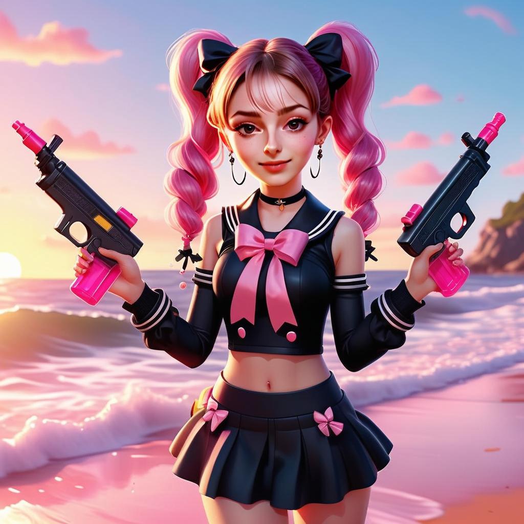 Anime Style Girl with Pink Hair and Toy Guns on Sunset Beach
