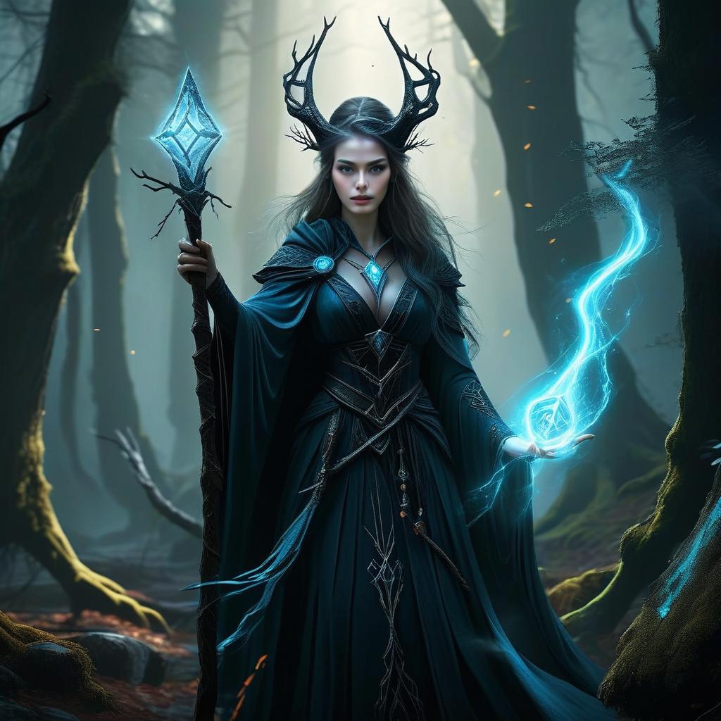 Mystical Woman in Enchanted Forest with Magic Staff
