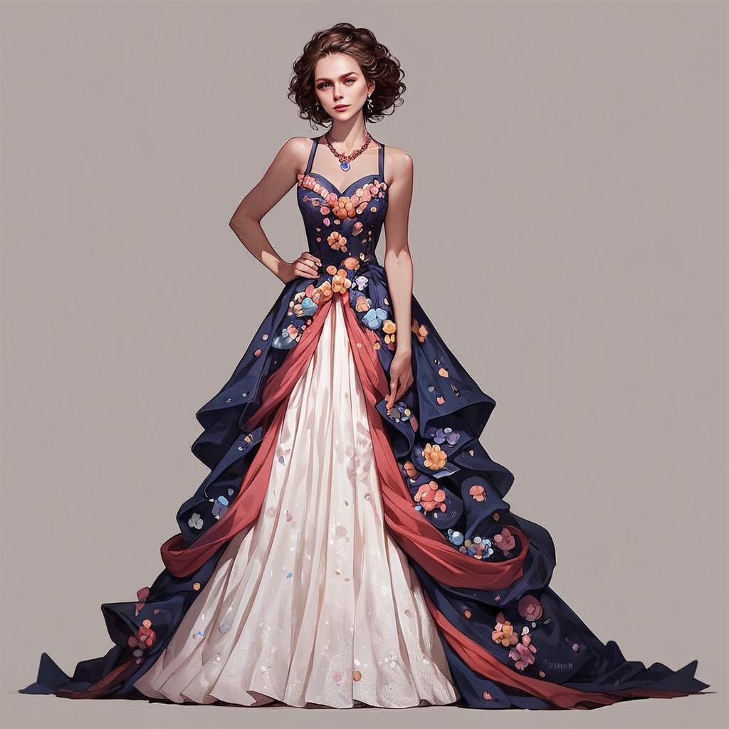 Stylish Woman in Elegant Navy Blue and Pink Floral Gown
