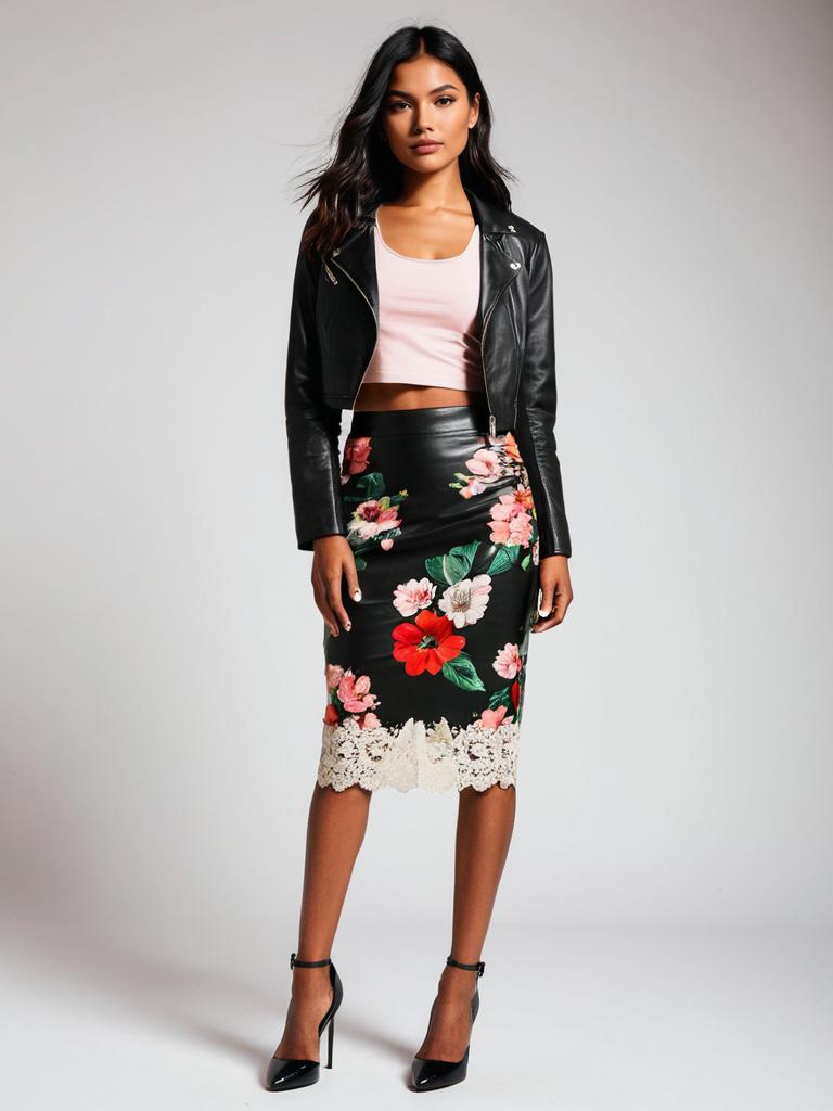 Woman in Casual Chic Black Leather Biker Jacket and Floral Midi Skirt