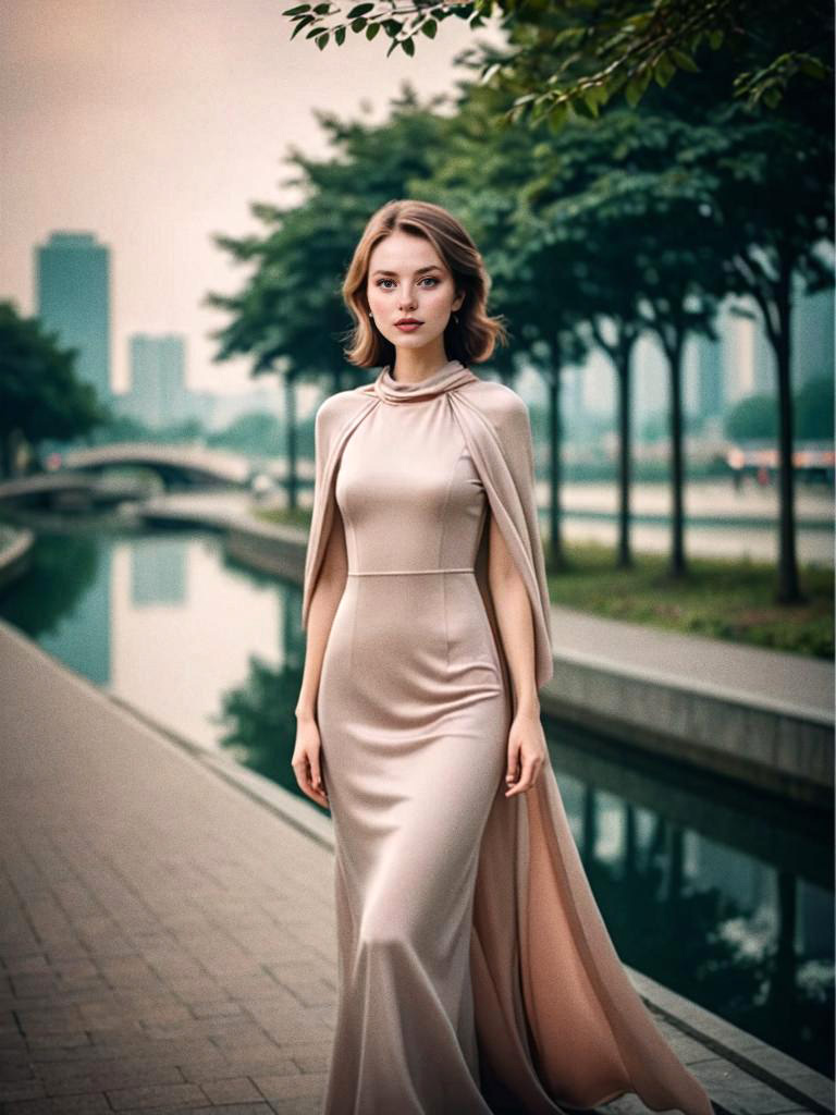 Elegant Woman in Vintage Gown by Riverside