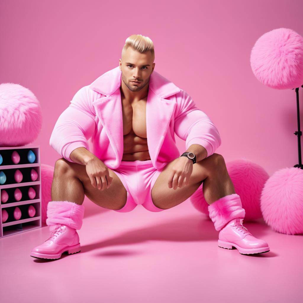 Muscular Blonde Man in Pink Outfit