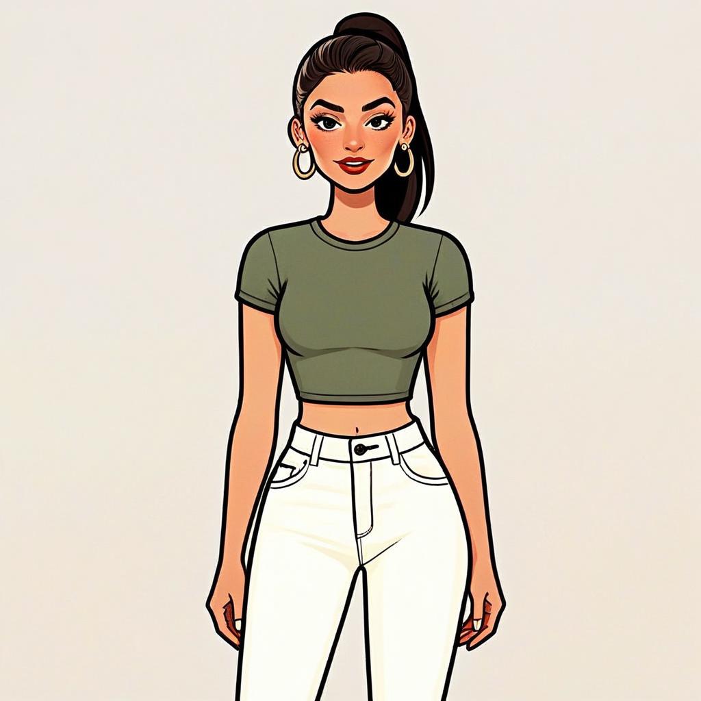 Stylish Woman in Olive Green Crop Top and White High-Waisted Jeans Illustration