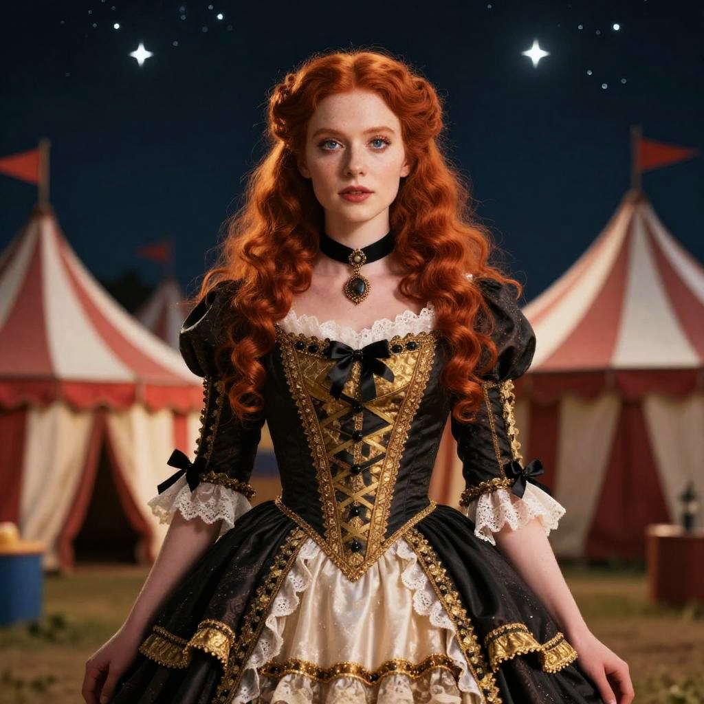 Red Haired Woman in Renaissance Gown at Vintage Circus