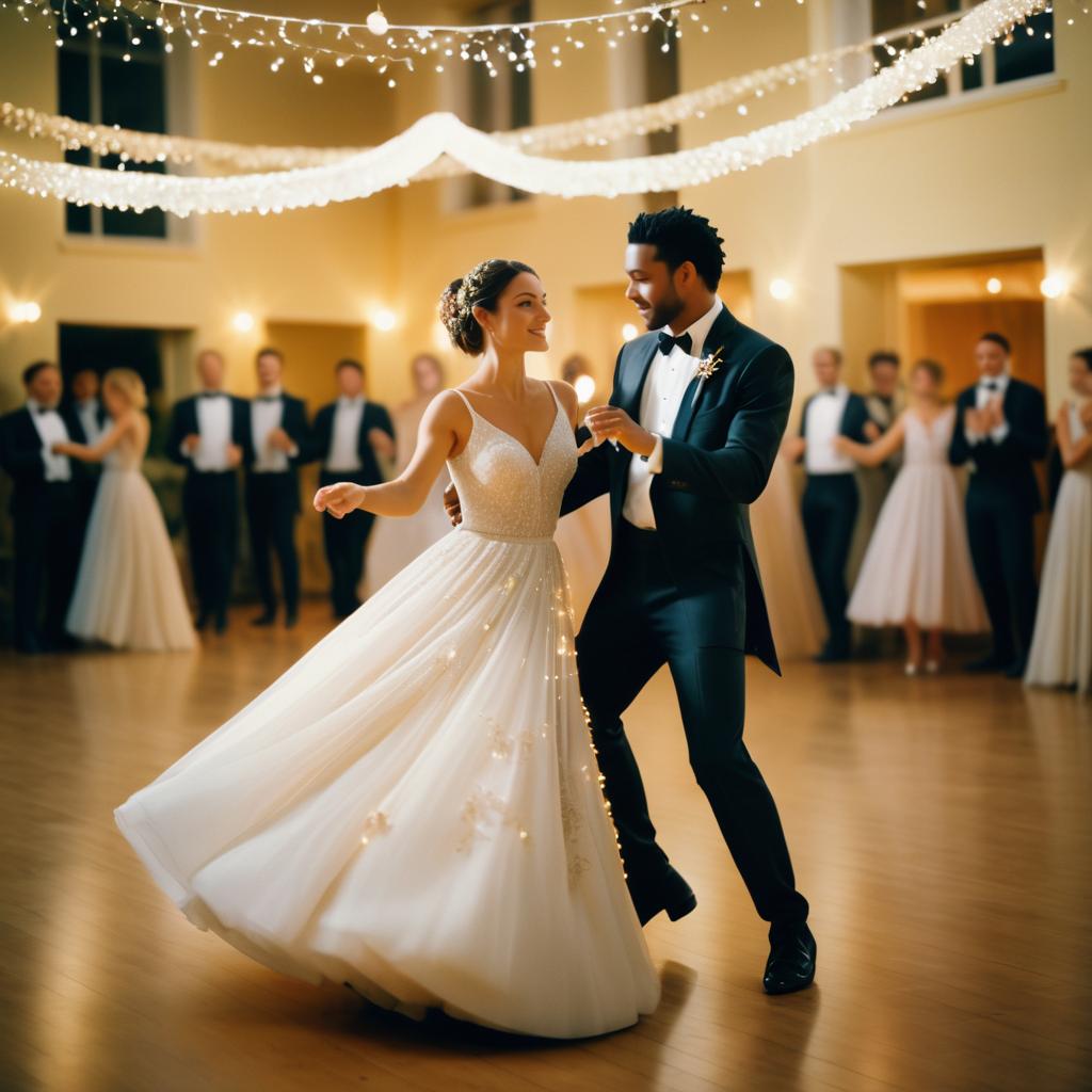 Joyful couple dancing at a wedding celebration