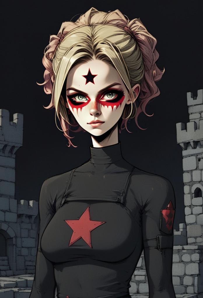 Determined Woman in Black Outfit with Red Stars and Gothic Background Determined Woman in Black Outfit with Red Stars and Gothic Background