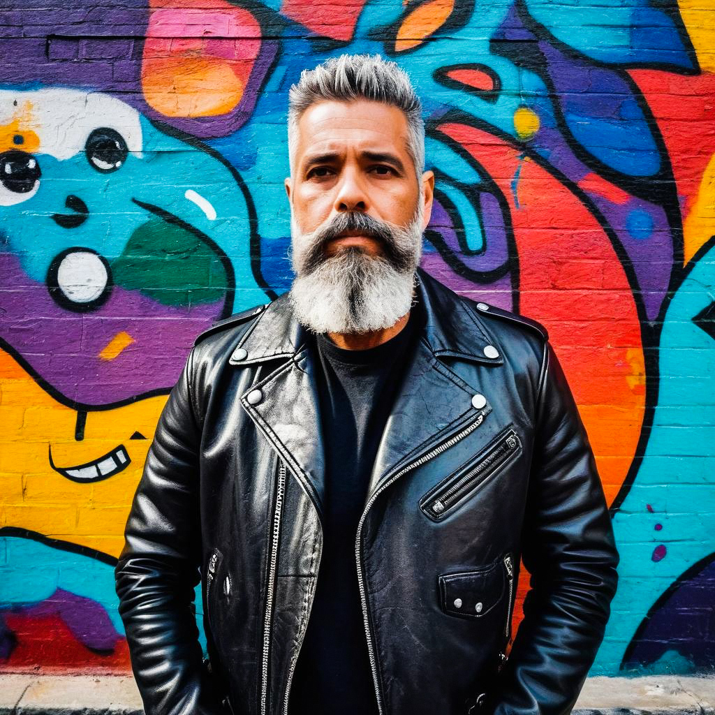 Mature Man with Gray Beard in Leather Jacket Against Graffiti Wall