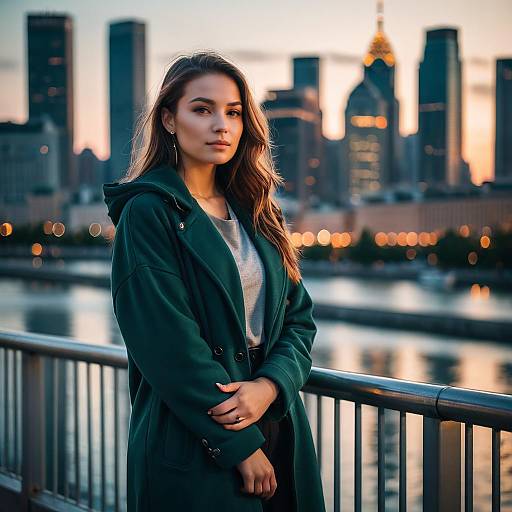 Young Woman in Green Coat by Riverside with City Skyline at Sunset