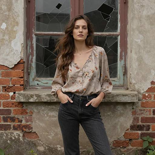 Young Woman in Vintage Floral Blouse and Black Jeans by Broken Window
