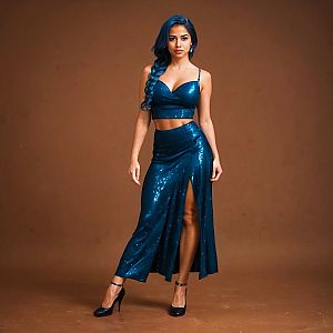 Confident Woman in Shimmering Dark Blue Two-Piece Outfit