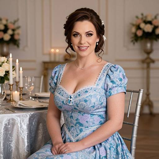 Elegant Woman in Blue Regency Dress Sitting at Candlelit Table