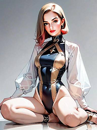 Realistic Woman in Bold Red Plunge Neck Swimsuit with Sheer Jacket