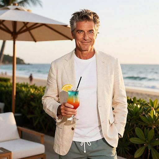 Middle-Aged Man Enjoying Tropical Cocktail by the Beach at Sunset