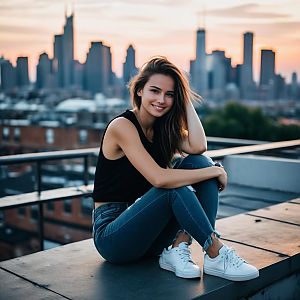Young Woman Sitting on Rooftop at Sunset with City Skyline Background