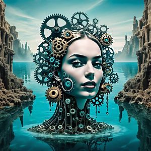 Surreal Woman's Head with Mechanical Gears in Water